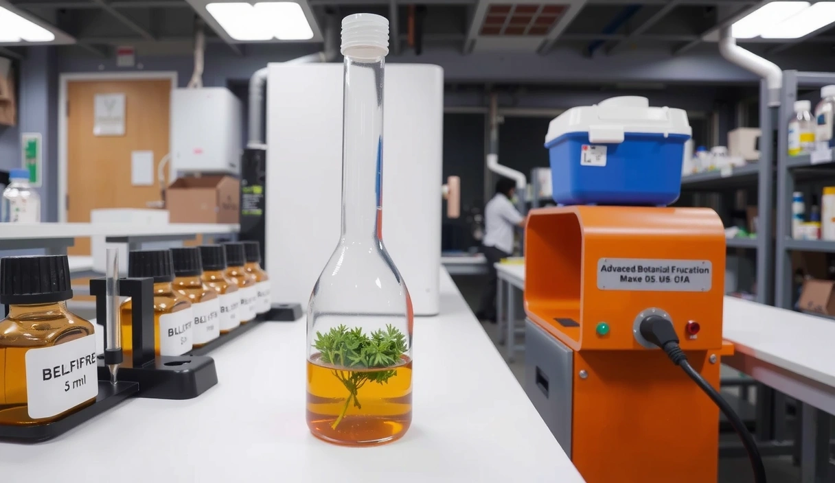 A laboratory setting with advanced botanical extraction equipment, showing a clean, modern process of isolating plant compounds.