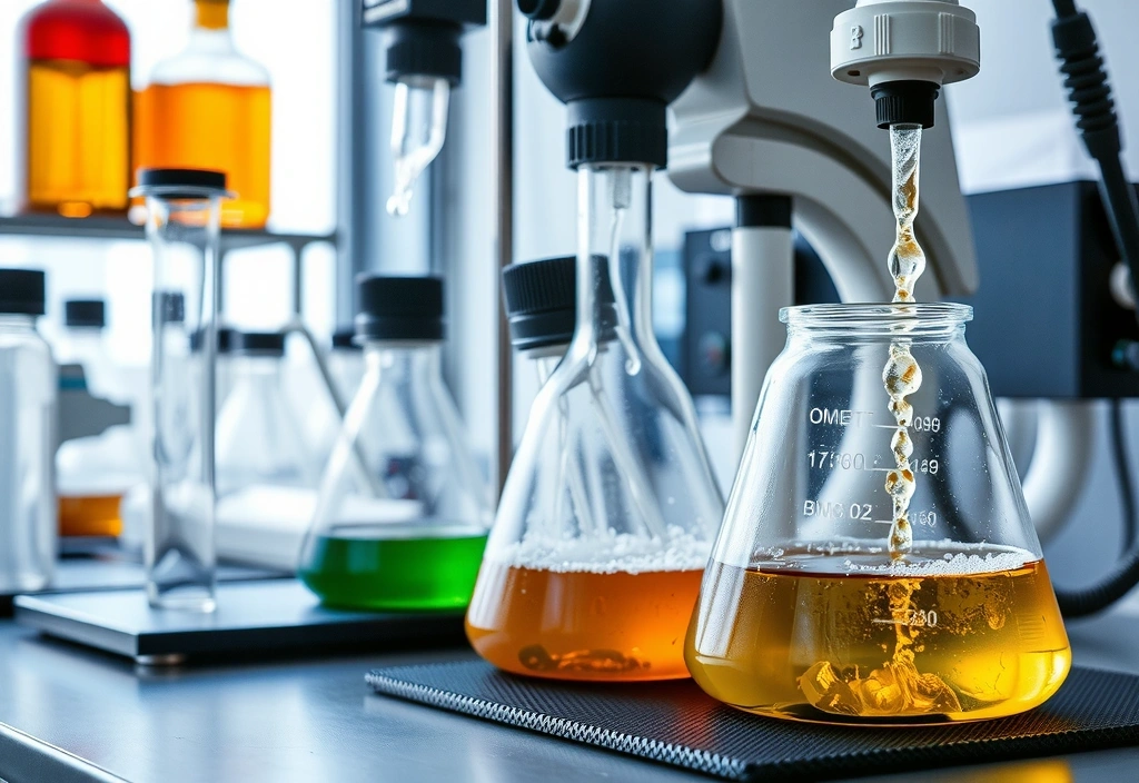 Modern laboratory equipment performing botanical extraction, with bubbling liquids and scientific glassware, clean and precise.