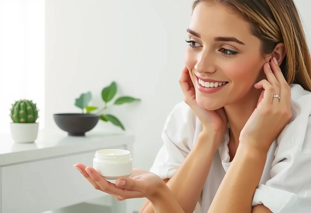 Woman smiling, applying botanical cream to her face, representing customer support and product satisfaction.