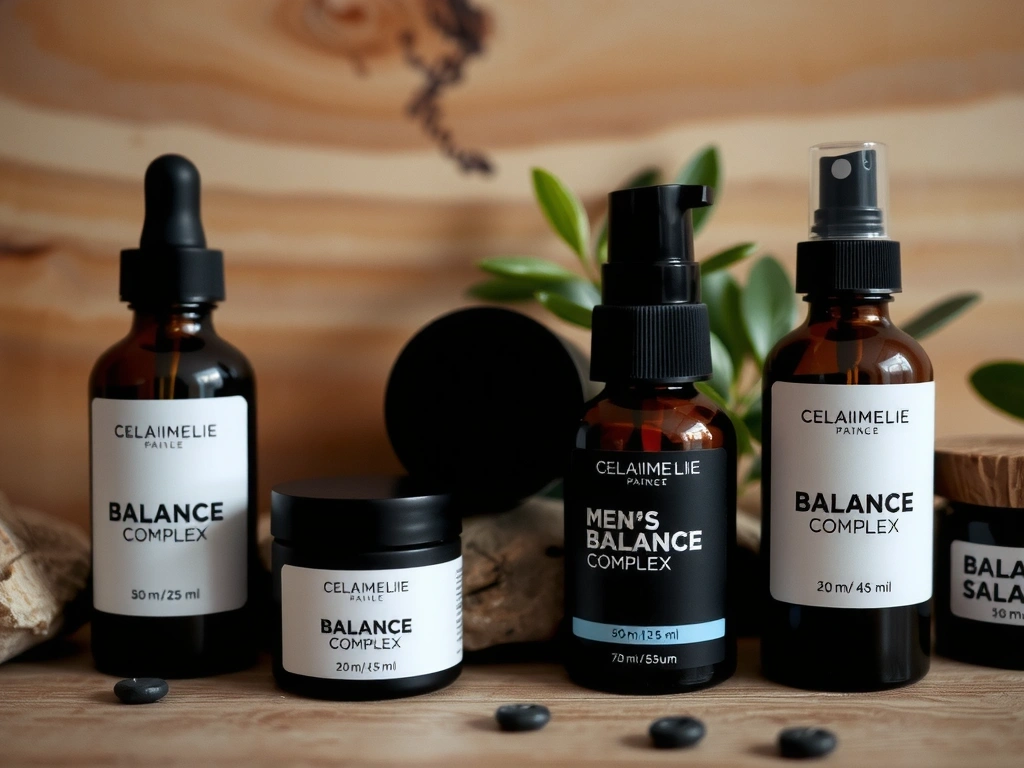 A collection of sophisticated men's grooming products featuring natural ingredients, set against a backdrop of dark wood and botanical elements.