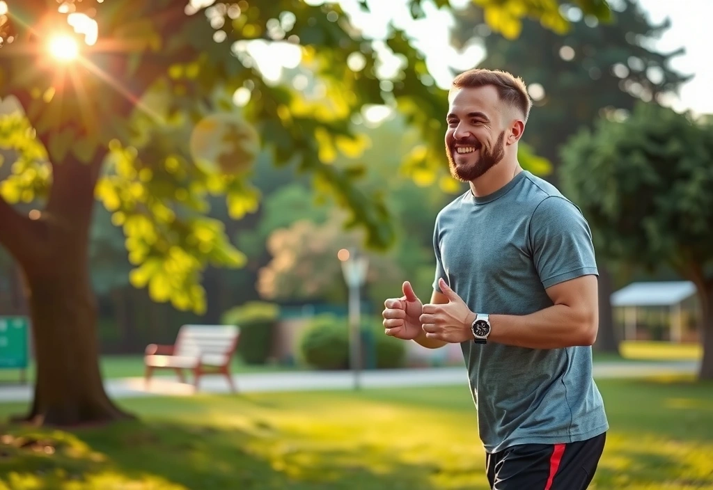 A man feeling energetic and balanced in a serene natural setting, depicting vitality and well-being.