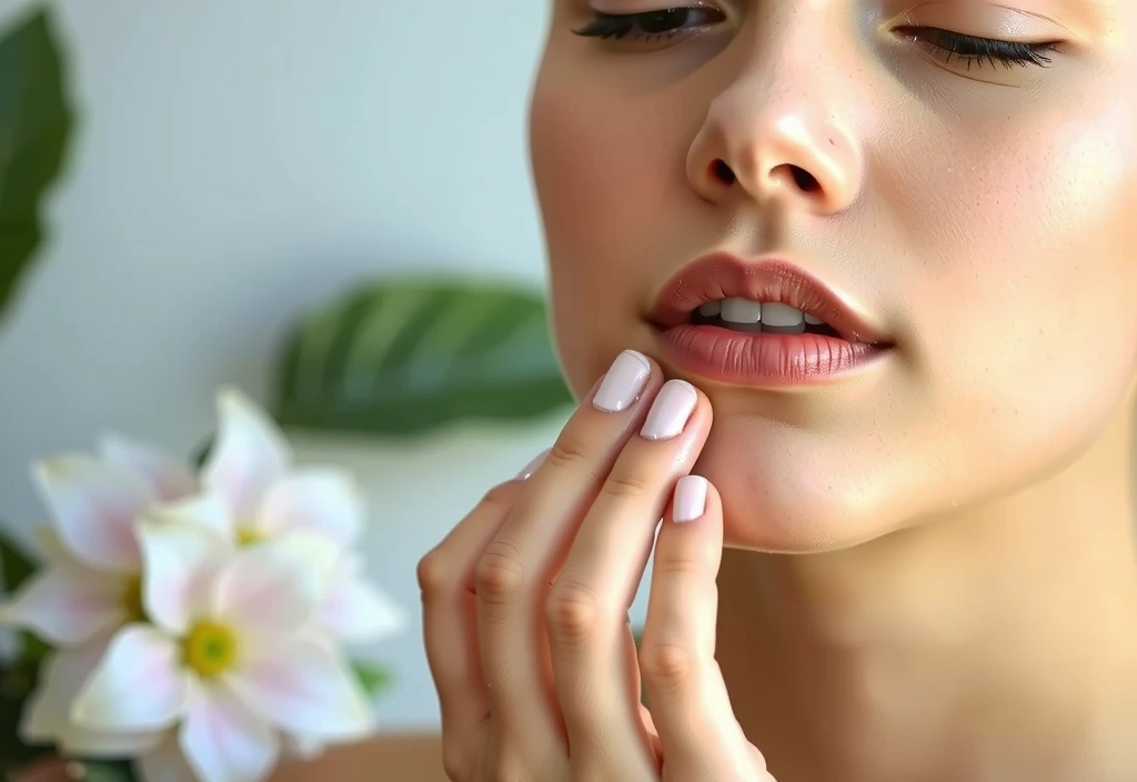 Close-up of a woman's face with smooth, radiant skin, applying a botanical cream, with soft green and floral elements in the background.