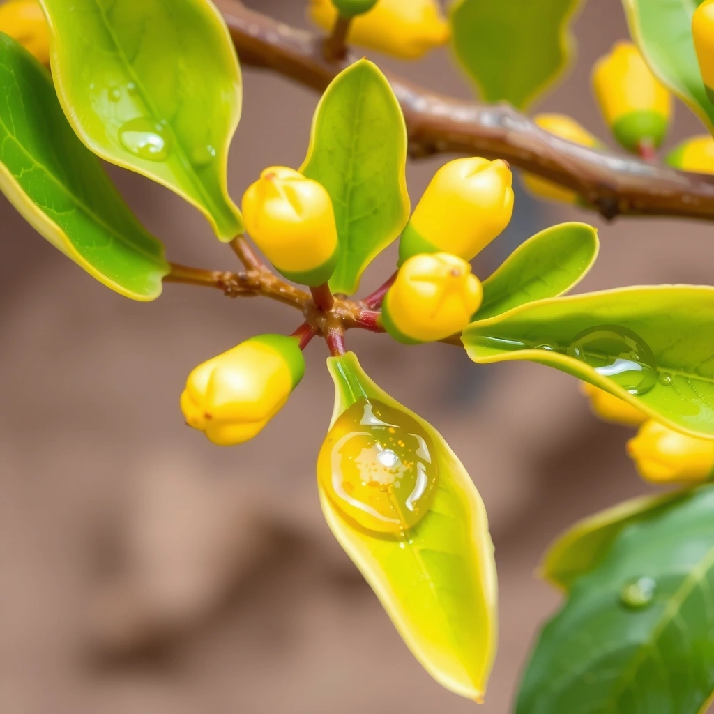 Jojoba plant with golden oil droplets